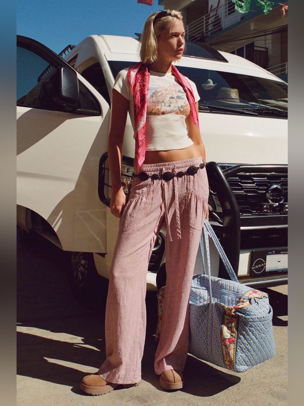 Urban Outfitters Kimchi Blue Simone Linen-Blend Flare Pant - Pink Stripe - XL